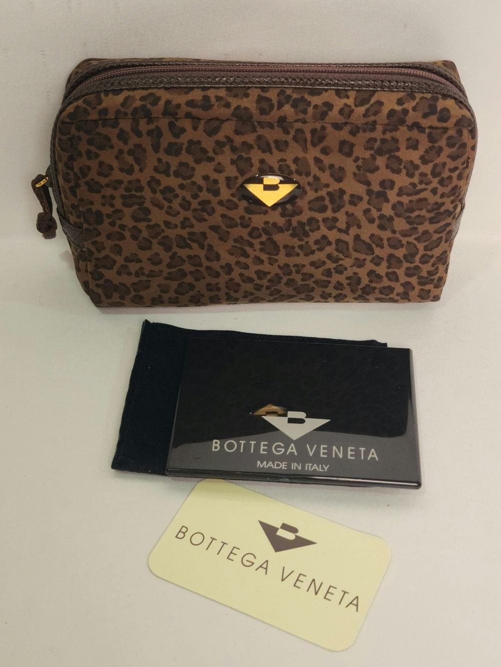 Vintage BOTTEGA VENETA Leopard Pattern Nylon Leather Cosmetic Pouch Bag W Mirror